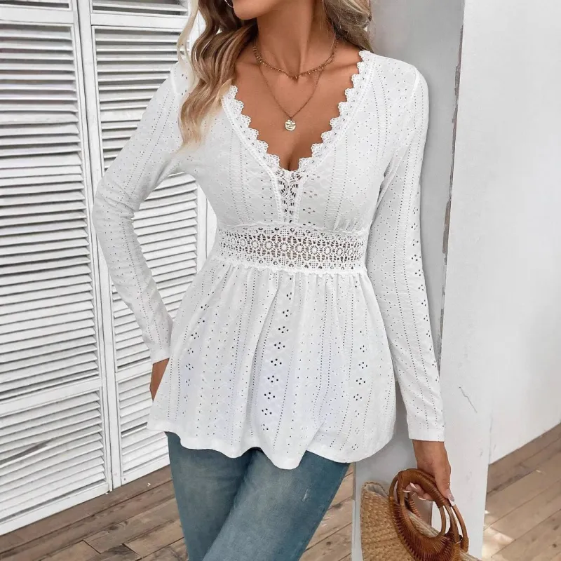 Women's slim-fitting V-neck splicing lace long-sleeved T-shirt top women's clothing made by Negative