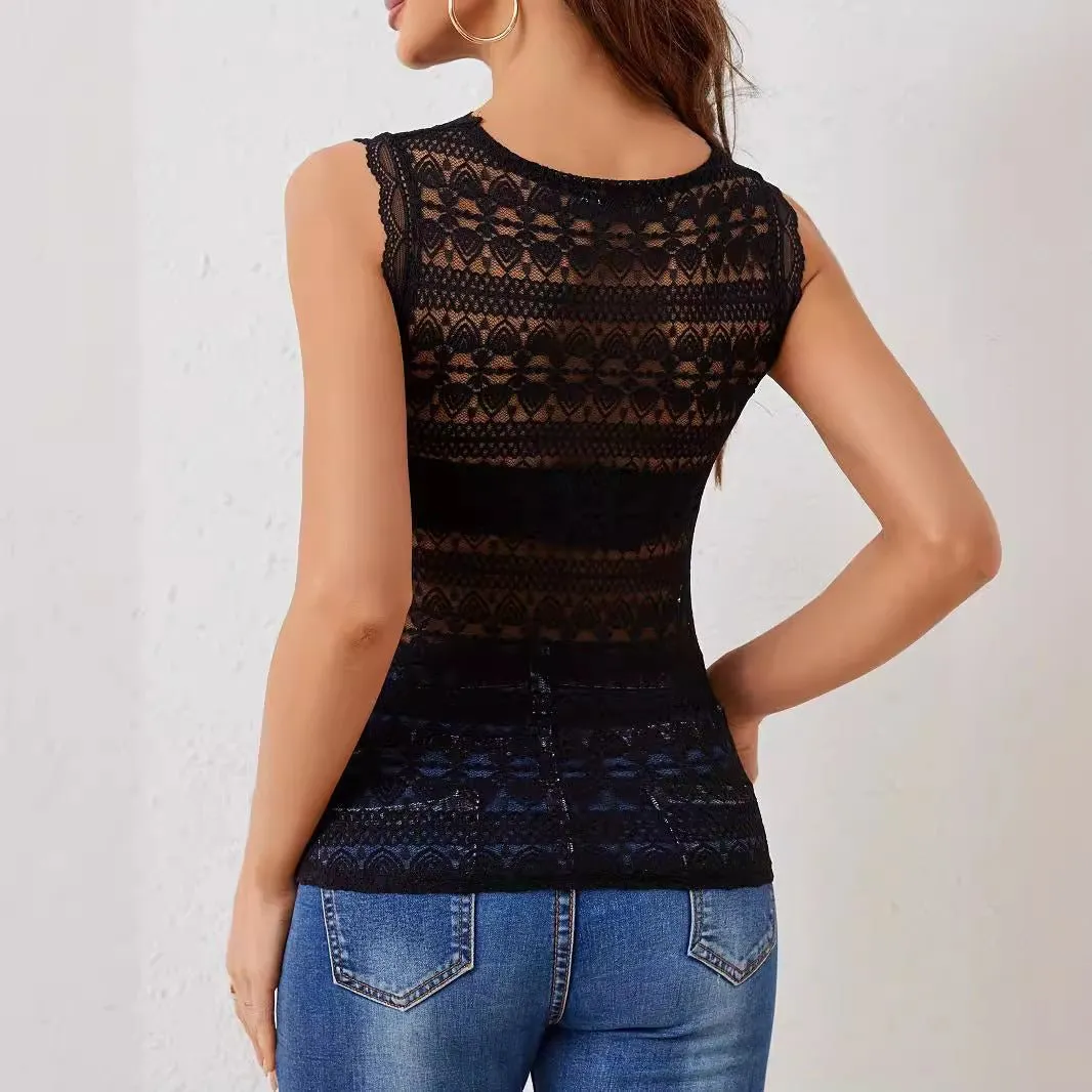 V-neck lace splicing lace outer wear with four seasons fashion vest T-shirt women's top sold by Negative product image thumbnail 2