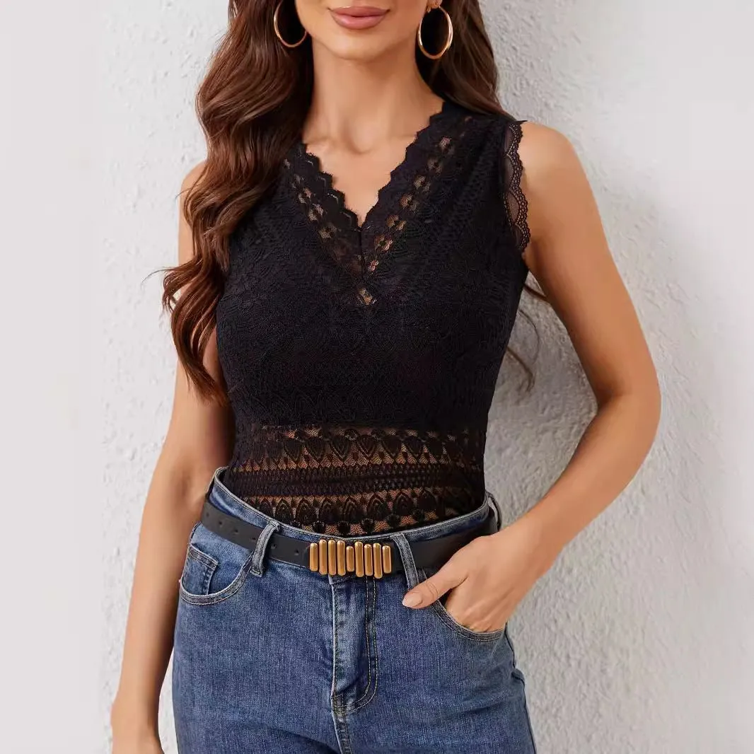 V-neck lace splicing lace outer wear with four seasons fashion vest T-shirt women's top sold by Negative product image thumbnail 4