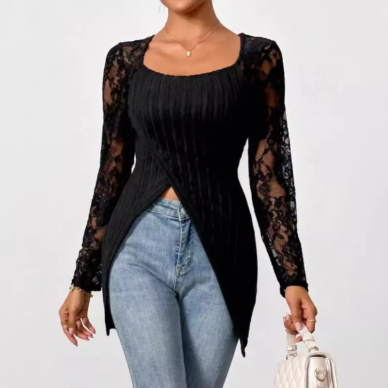 Simple fashion lace splicing long-sleeved irregular hem slim T-shirt top women made by Negative