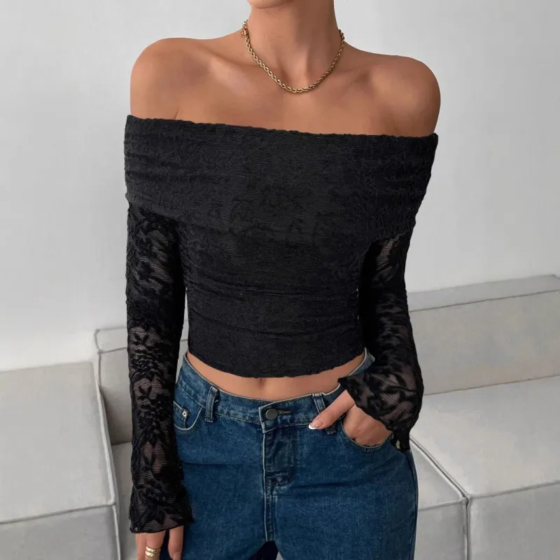 The Off-Shoulder Edge | Women's One-Shoulder Long-Sleeve Slim Crop Top made by Negative