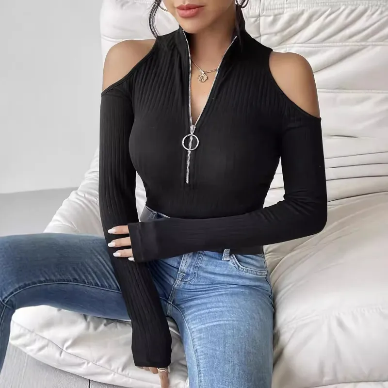 Solid color pit strip free zipper stand-up collar off-the-shoulder long-sleeved T-shirt looks thin made by Negative