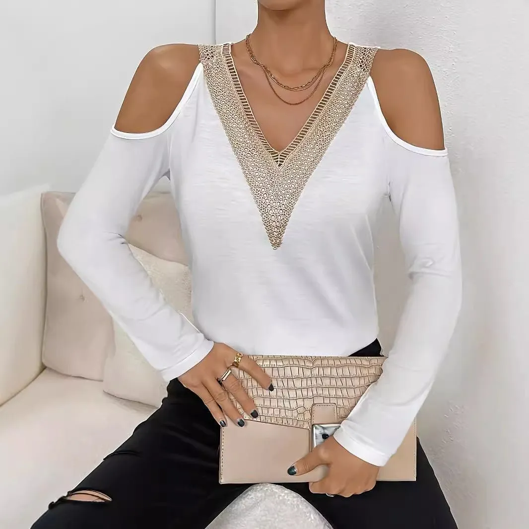 Elegant lace V-neck applique sleeves hollow long-sleeved solid color T-shirt slim top women sold by Negative product image thumbnail 3