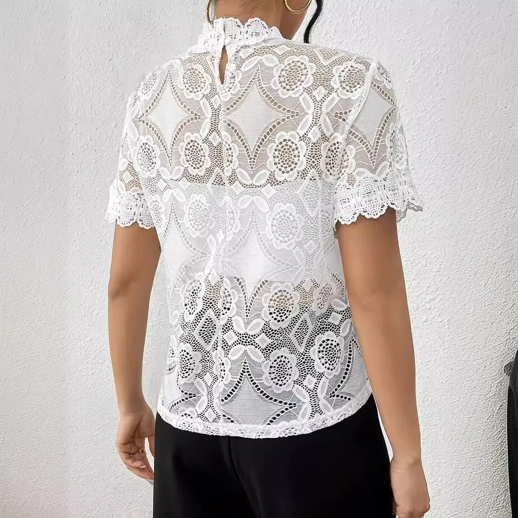 Solid color small stand-up collar lace splicing lace short-sleeved T-shirt top women's clothing sold by Negative product image thumbnail 2