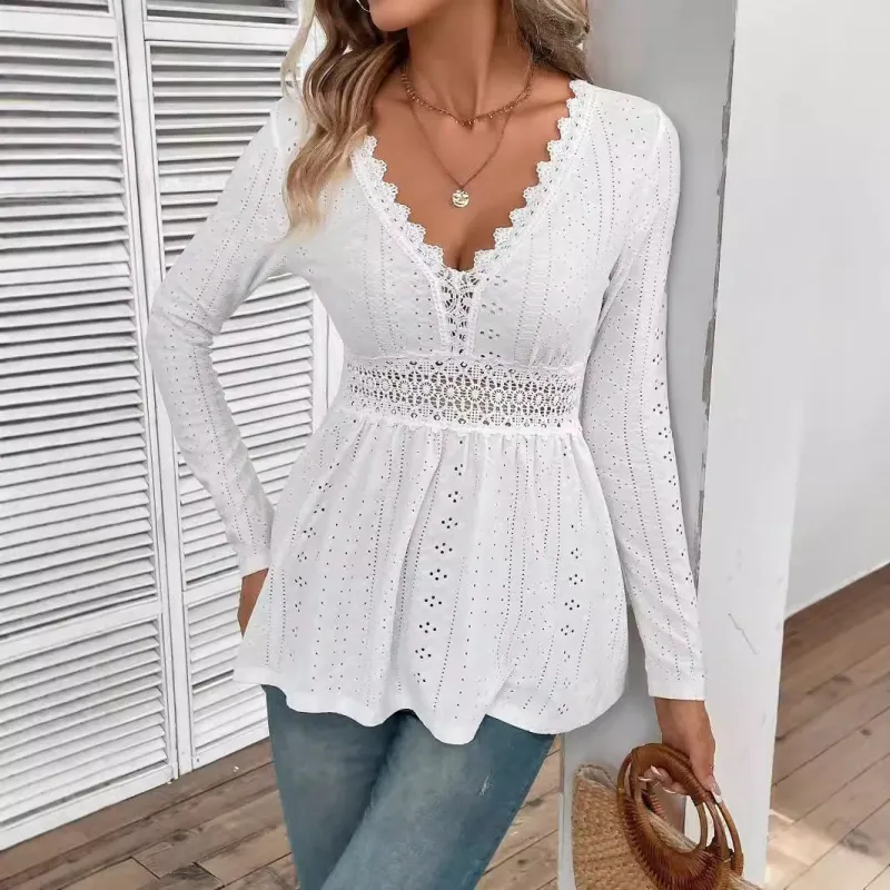 Women's solid color V-neck splicing lace long-sleeved T-shirt top women's clothing made by Negative