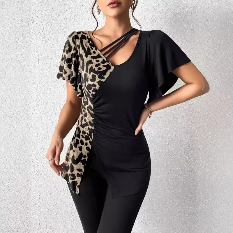 Popular leopard print asymmetric collar butterfly sleeve splicing top women made by Negative