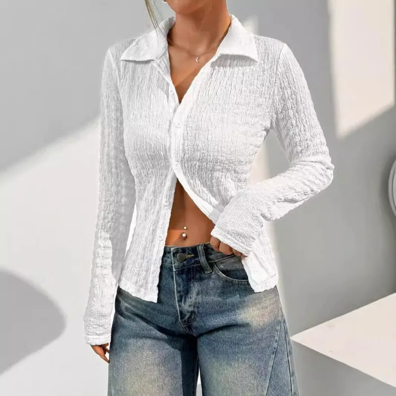 Women's solid color texture long-sleeved fashion shirt top women made by Negative