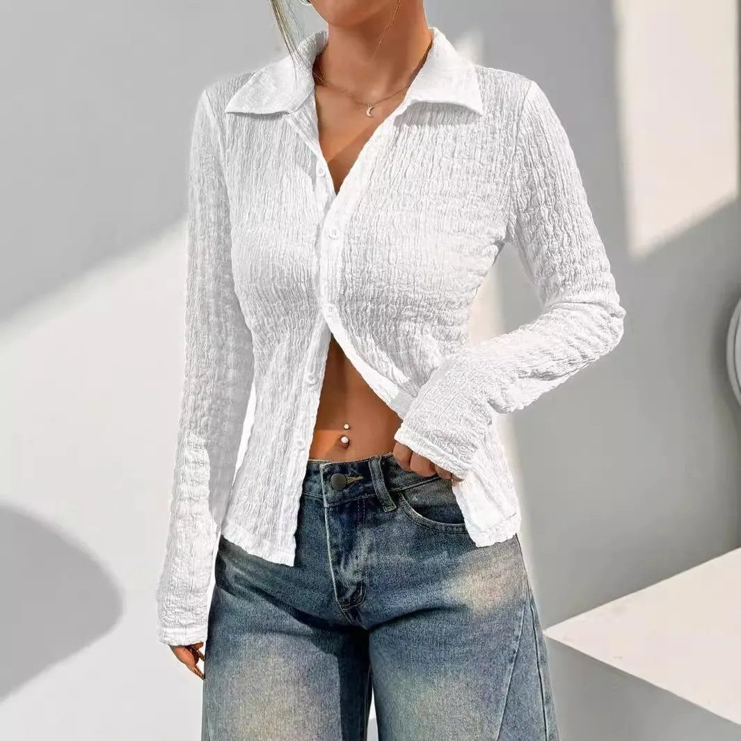 Women's solid color texture long-sleeved fashion shirt top women sold by Negative