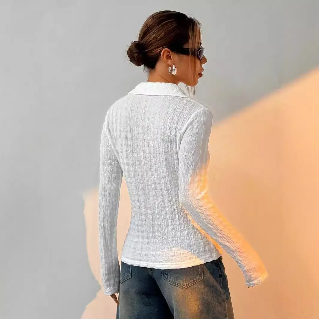 Women's solid color texture long-sleeved fashion shirt top women sold by Negative product image thumbnail 2