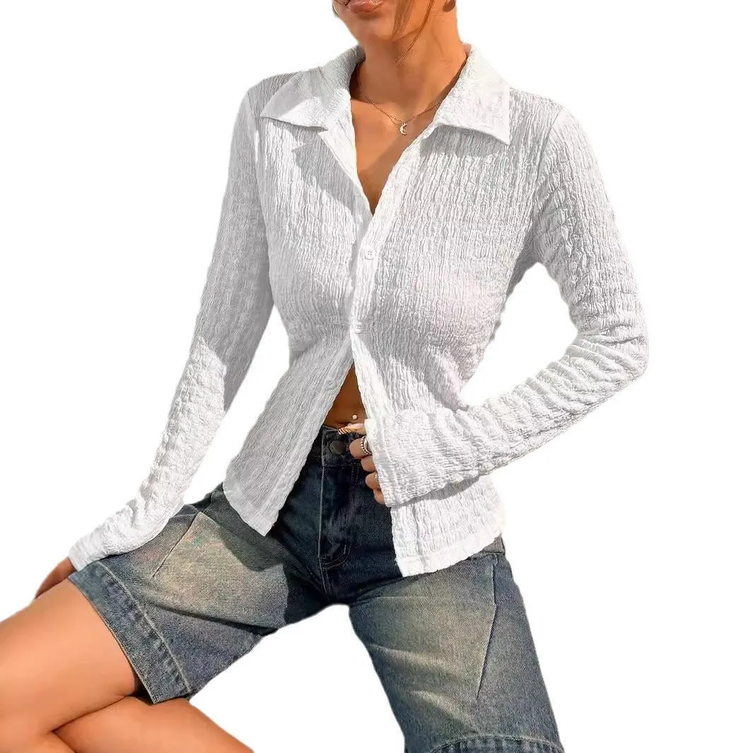Women's solid color texture long-sleeved fashion shirt top women sold by Negative product image thumbnail 5