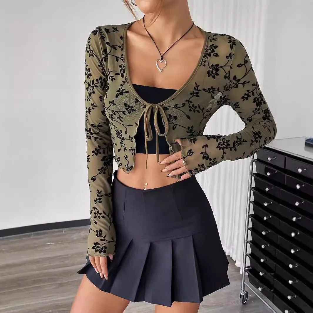 Women's transparent mesh flocking front lace-up long-sleeved top sold by Negative product image thumbnail 2