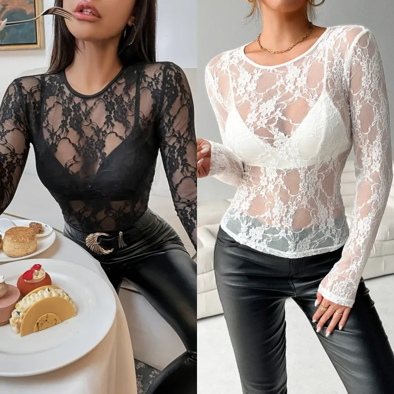 Elegant single-layer lace bra-free slim-fitting and thin round neck T-shirt long-sleeved top sold by Negative