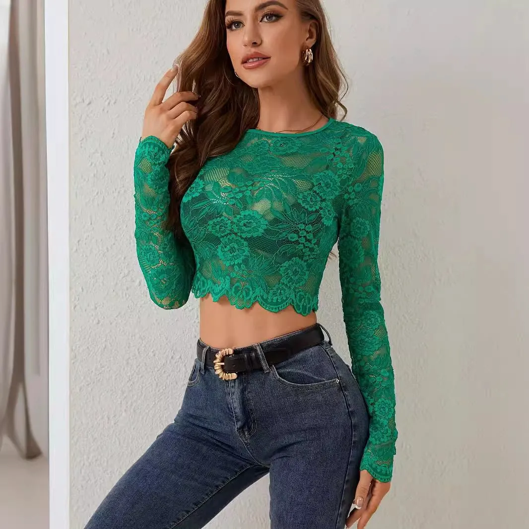 Single-layer lace long-sleeved short pullover slim and thin T-shirt top sold by Negative