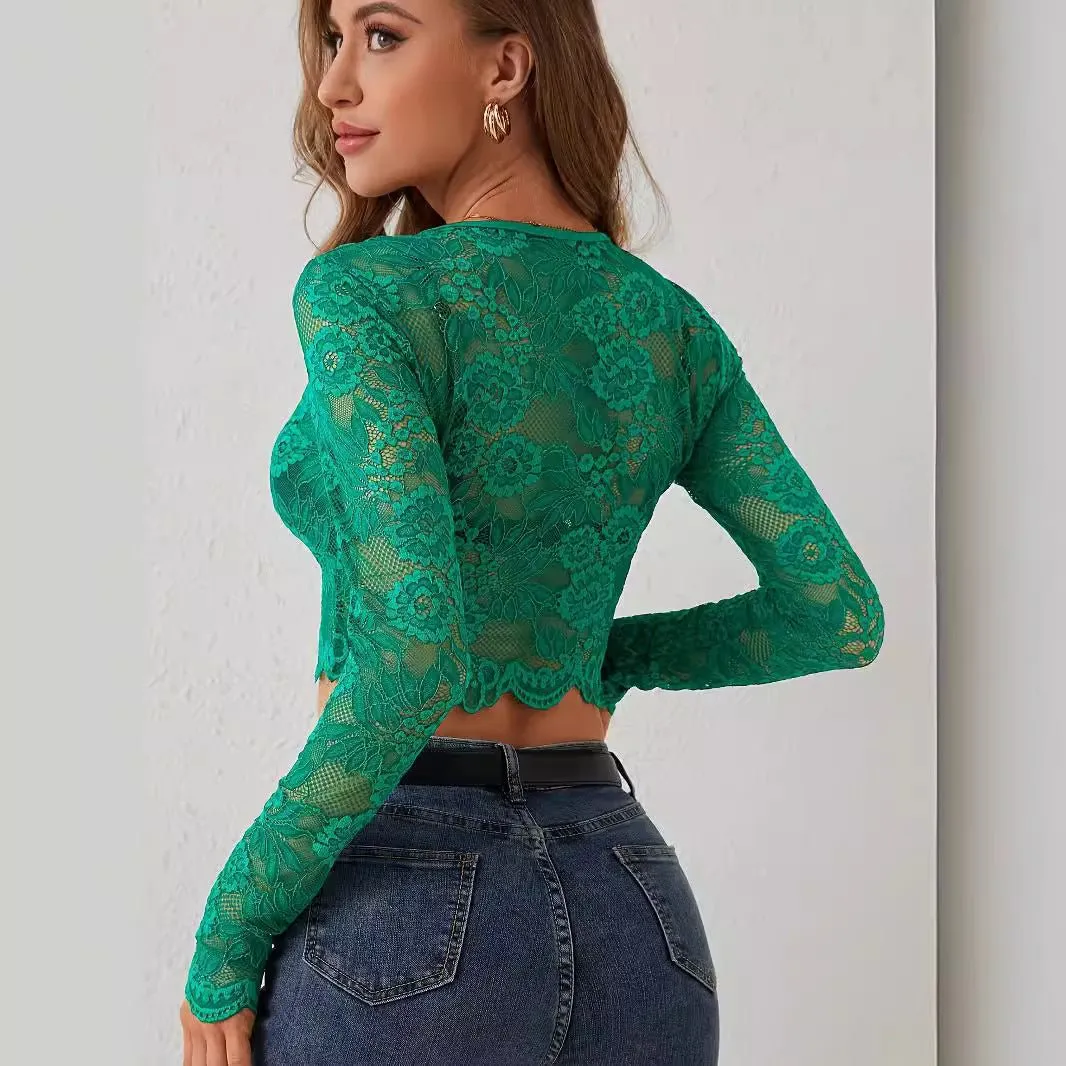 Single-layer lace long-sleeved short pullover slim and thin T-shirt top sold by Negative product image thumbnail 2