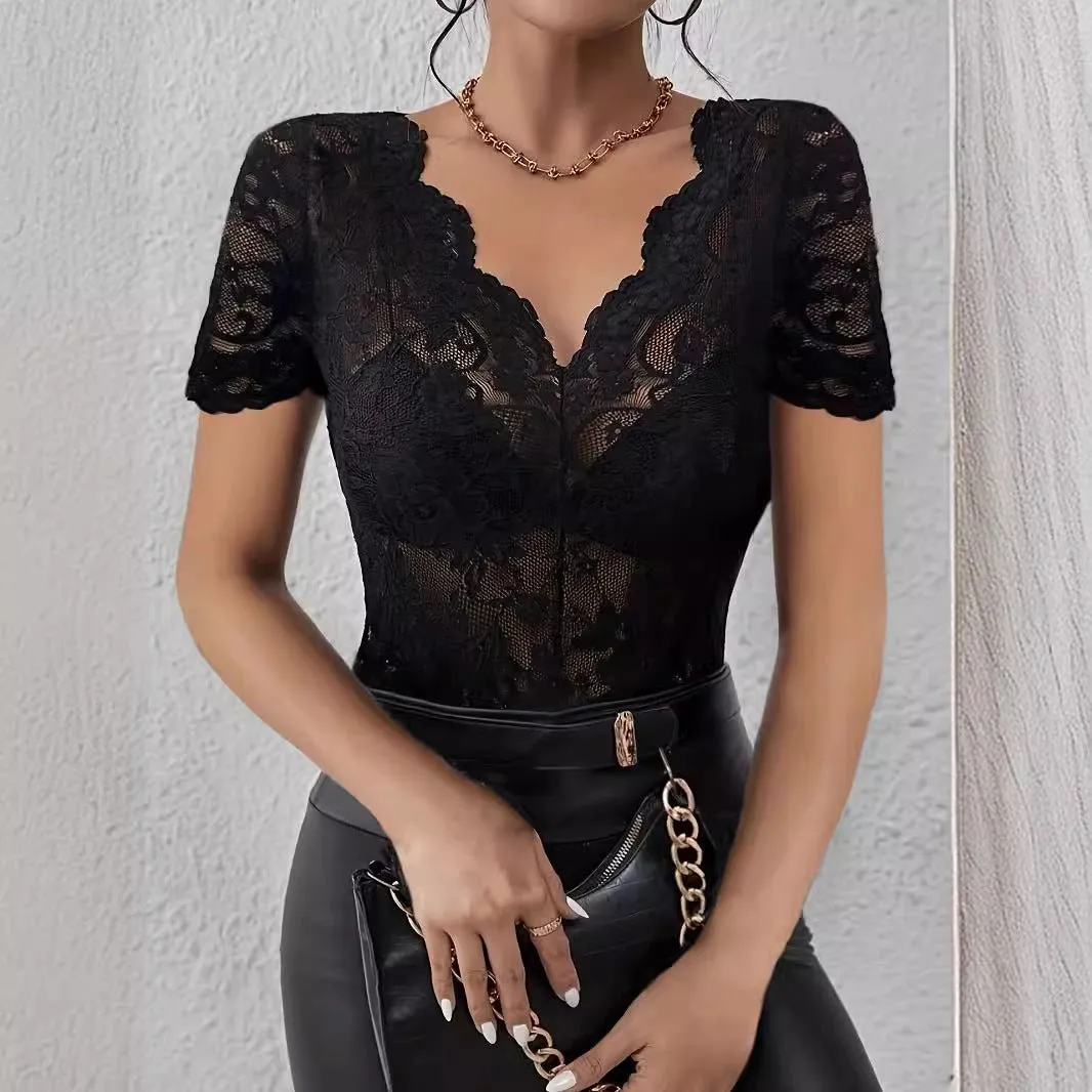 V-neck solid color lace sexy T-shirt slim and thin top women's clothing sold by Negative product image thumbnail 3