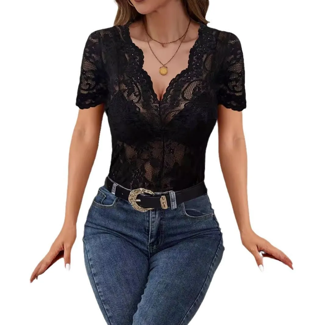 V-neck solid color lace sexy T-shirt slim and thin top women's clothing sold by Negative product image thumbnail 5