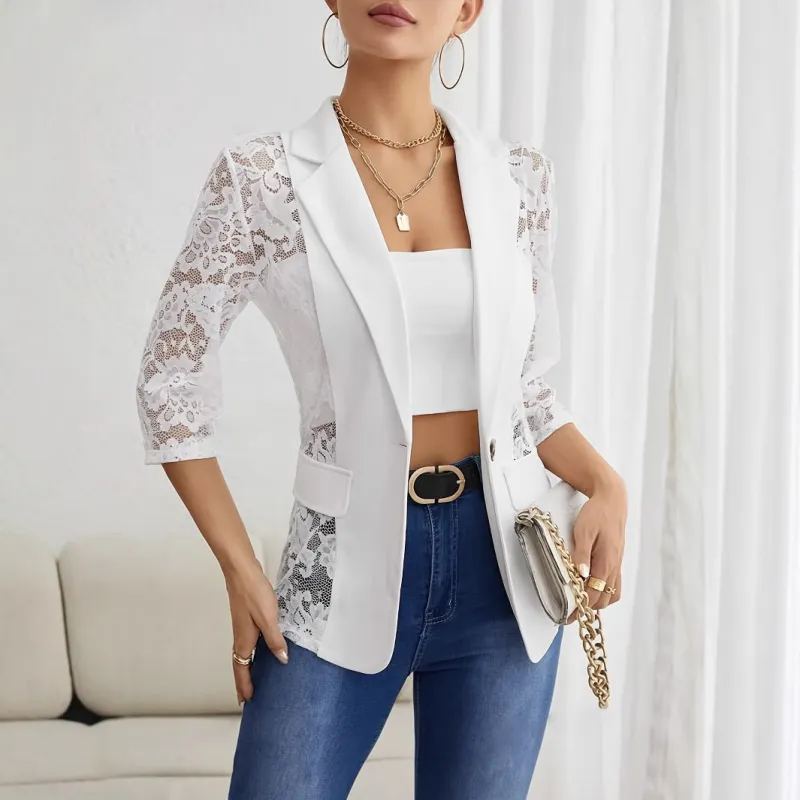 The Refined Lace | Women's Lace Splicing Slim Blazer Top made by Negative