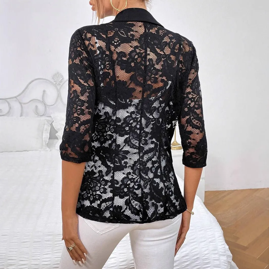 The Refined Lace | Women's Lace Splicing Slim Blazer Top sold by Negative product image thumbnail 4