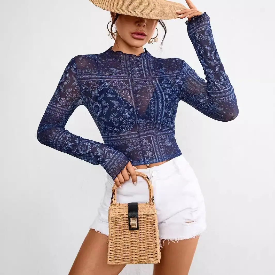 Women's mesh printing stand-up collar long-sleeved short T-shirt top women sold by Negative product image thumbnail 4