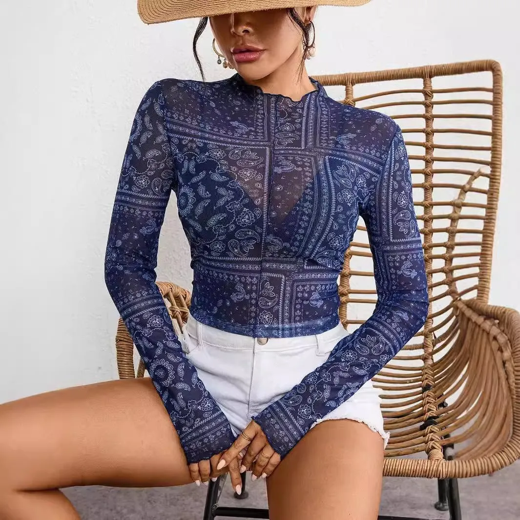 Women's mesh printing stand-up collar long-sleeved short T-shirt top women sold by Negative product image thumbnail 3