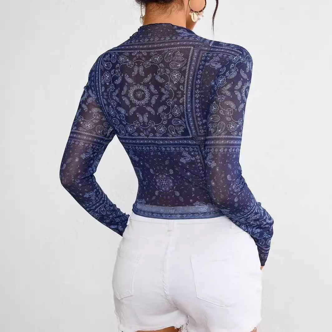 Women's mesh printing stand-up collar long-sleeved short T-shirt top women sold by Negative product image thumbnail 2