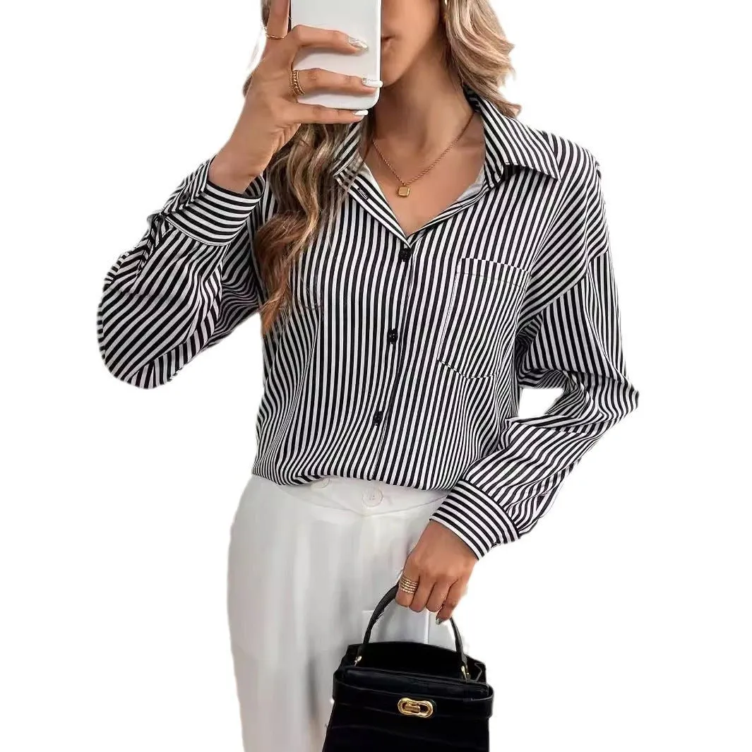 Women's striped printed back bow front button long-sleeved shirt sold by Negative product image thumbnail 5