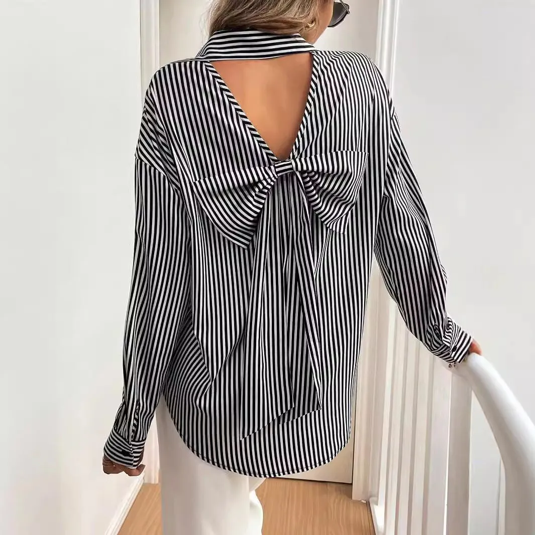 Women's striped printed back bow front button long-sleeved shirt sold by Negative product image thumbnail 3