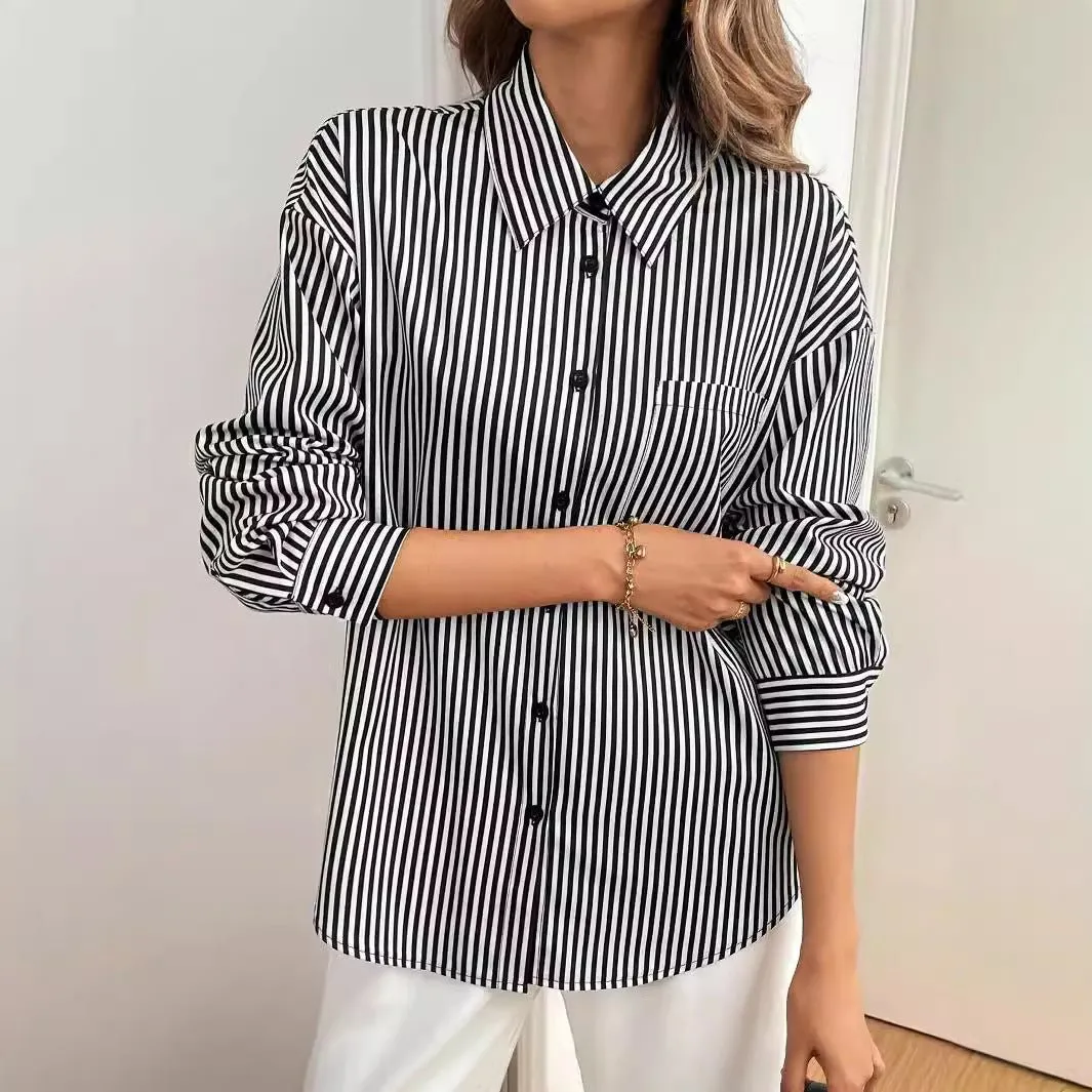 Women's striped printed back bow front button long-sleeved shirt sold by Negative product image thumbnail 2