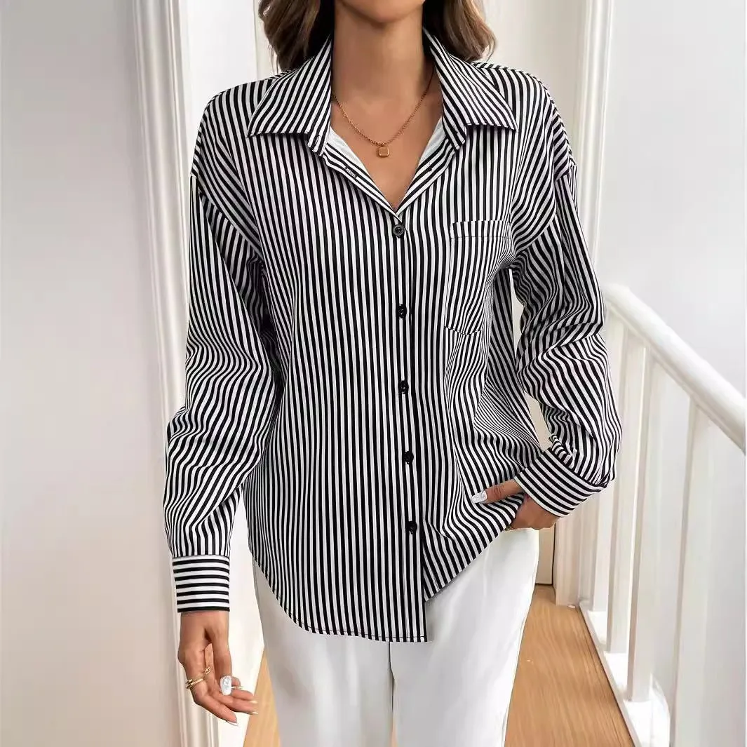 Women's striped printed back bow front button long-sleeved shirt sold by Negative product image thumbnail 4