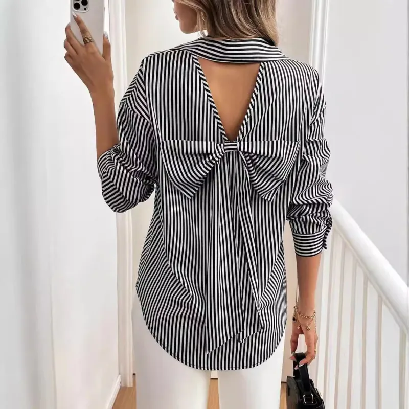 Women's striped printed back bow front button long-sleeved shirt made by Negative