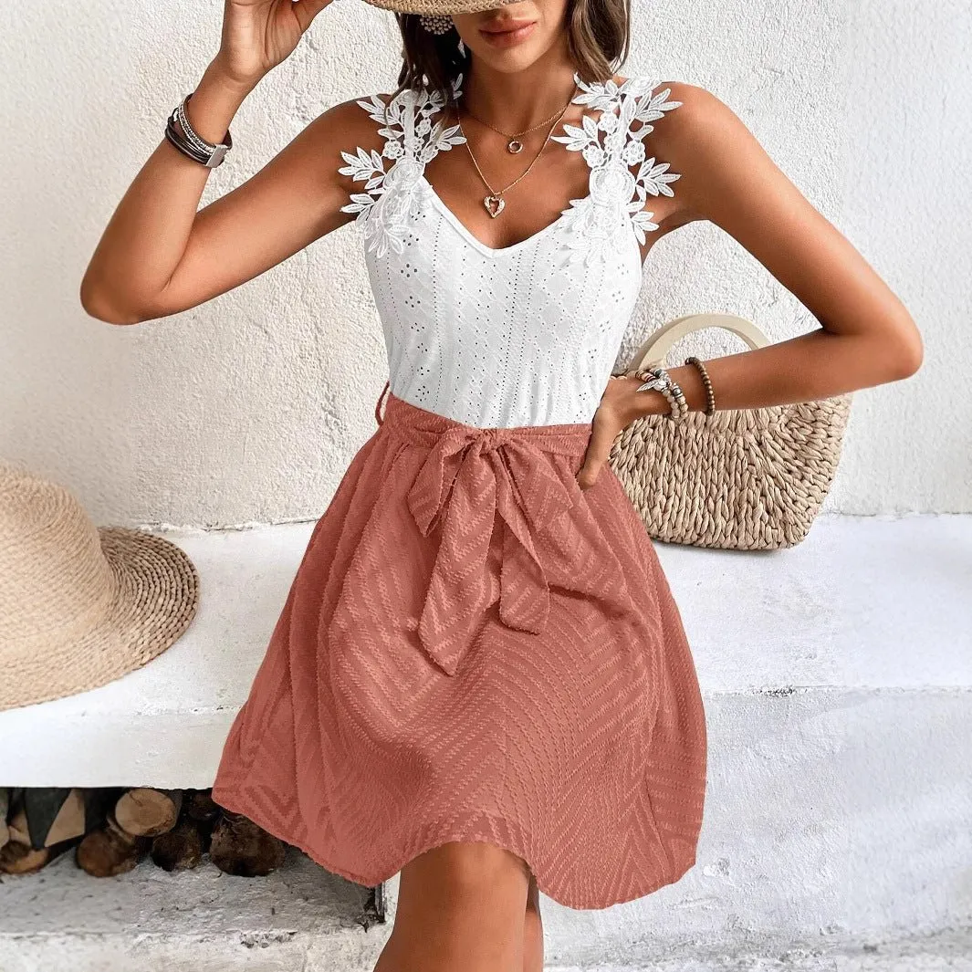 The Camel Charm | Women's V-Neck Belted Suspender Mini Dress sold by Negative product image thumbnail 4