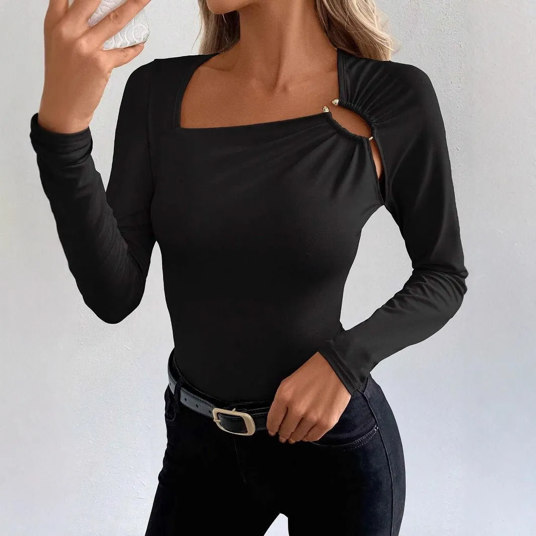Women's solid color casual square collar fashion slim long-sleeved T-shirt top women sold by Negative product image thumbnail 4