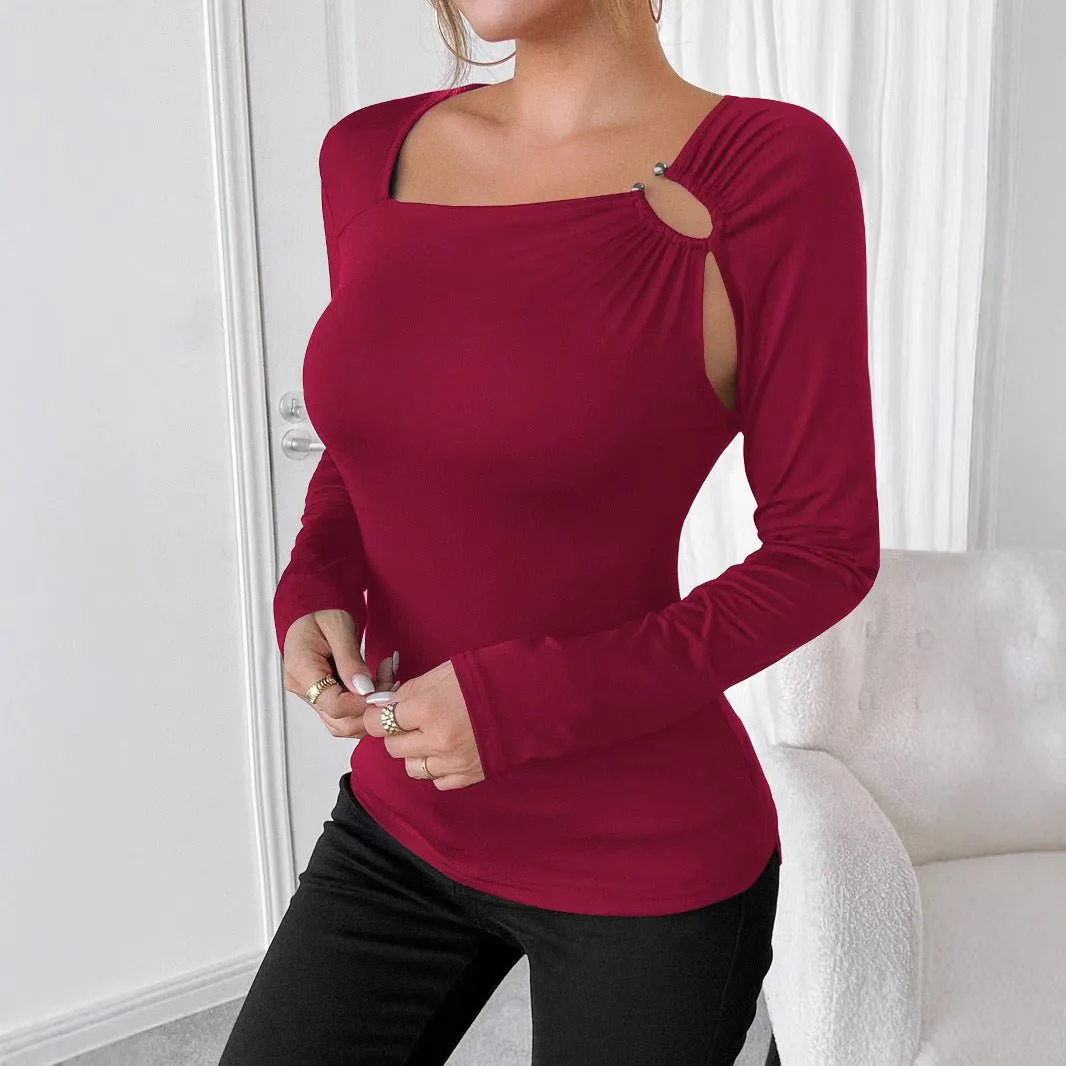 Women's solid color casual square collar fashion slim long-sleeved T-shirt top women sold by Negative product image thumbnail 2