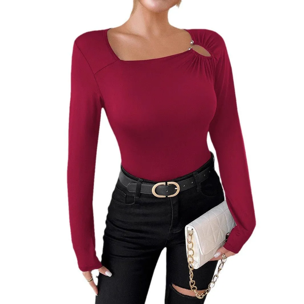 Women's solid color casual square collar fashion slim long-sleeved T-shirt top women sold by Negative product image thumbnail 5