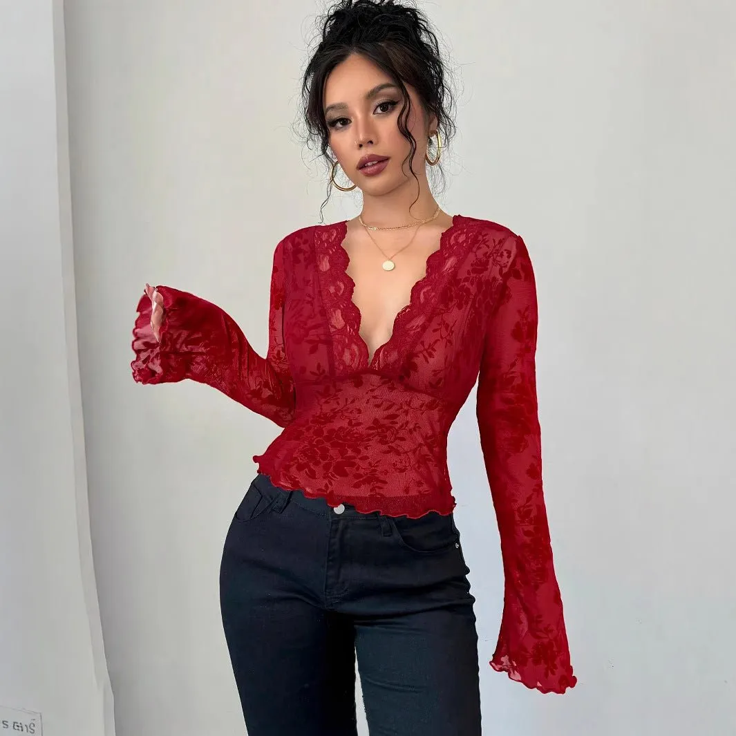 Spring 2026 new women's V-neck lace mesh horn sleeve T-shirt top women sold by Negative product image thumbnail 3