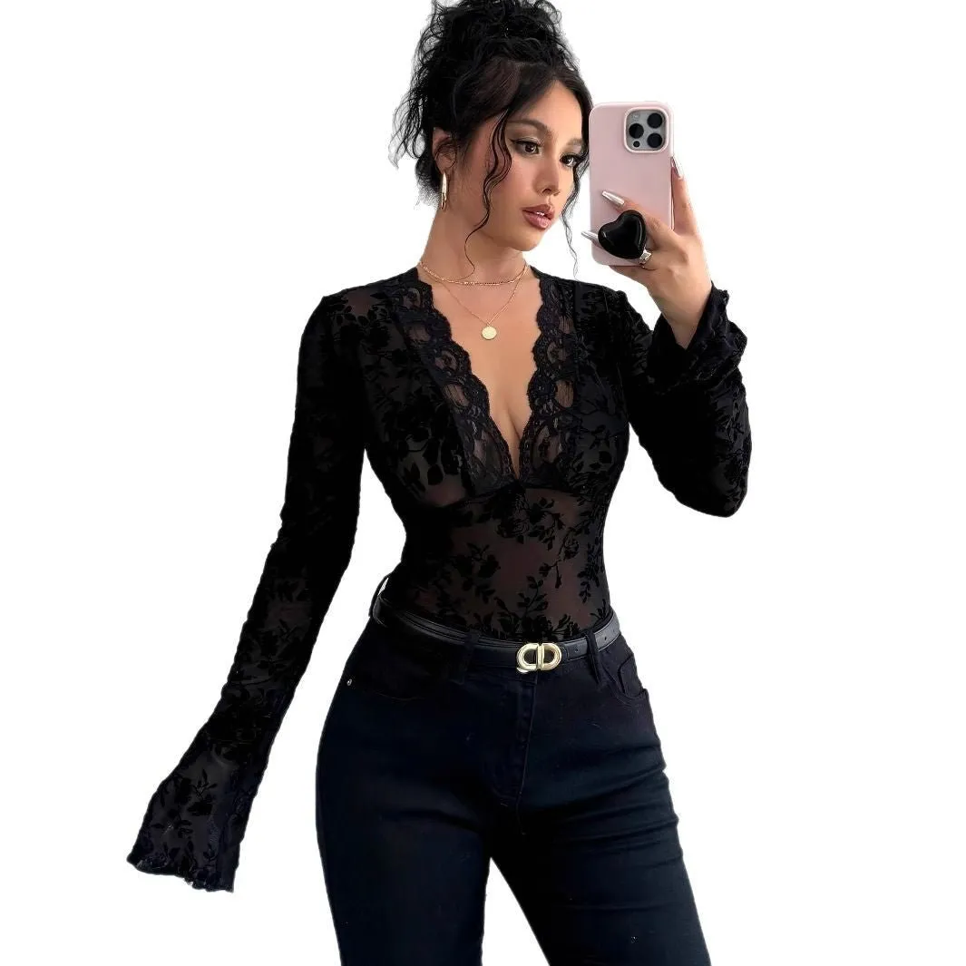 Spring 2026 new women's V-neck lace mesh horn sleeve T-shirt top women sold by Negative product image thumbnail 5