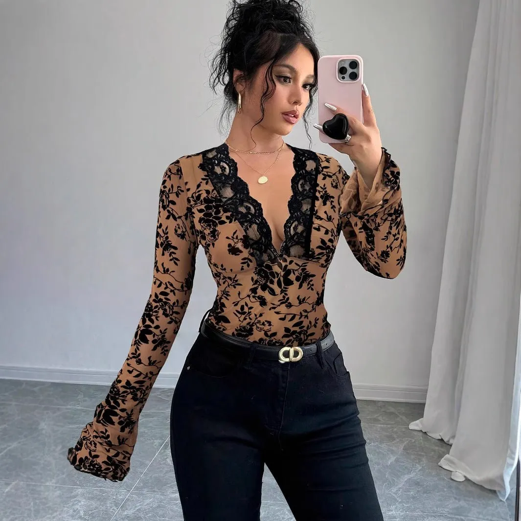 Spring 2026 new women's V-neck lace mesh horn sleeve T-shirt top women sold by Negative product image thumbnail 4