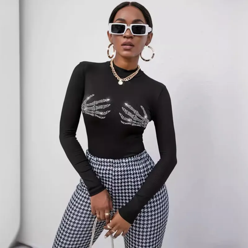 spring 2025 new ribbed knitted fashion skull hot diamond T-shirt top women made by Negative