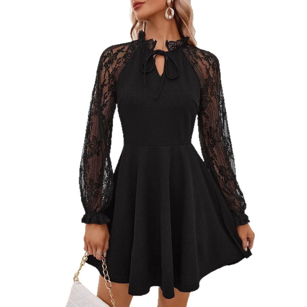The Chic Couture | Women's Black Lace-Up Long-Sleeve Midi Dress sold by Negative product image thumbnail 5