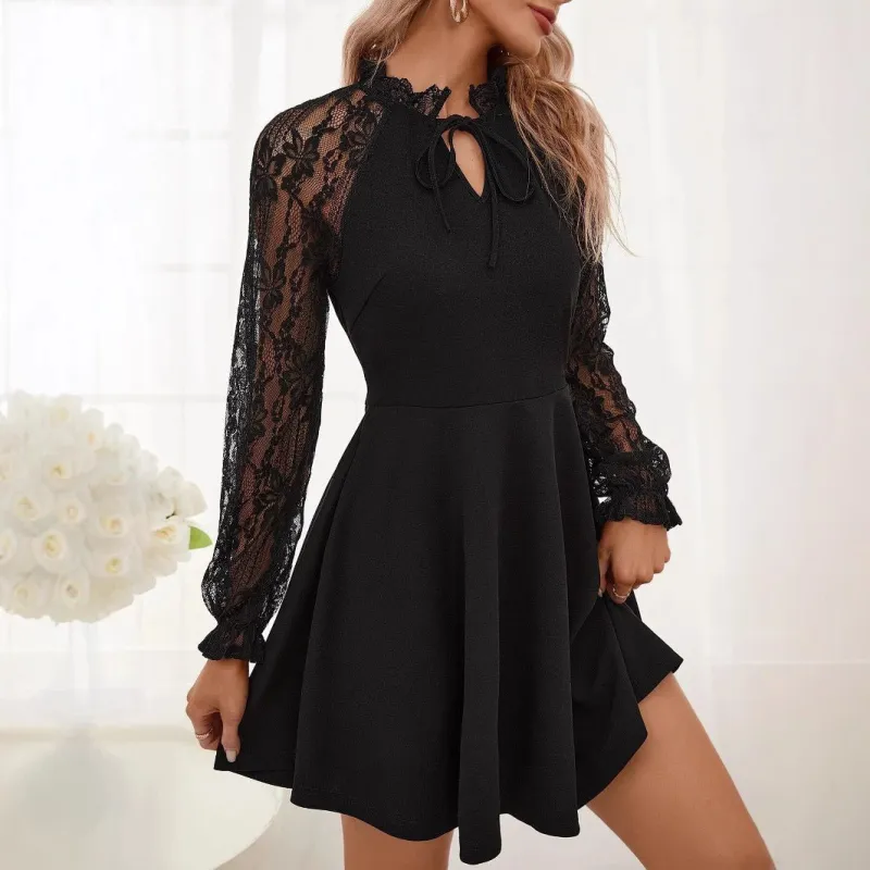 The Chic Couture | Women's Black Lace-Up Long-Sleeve Midi Dress made by Negative