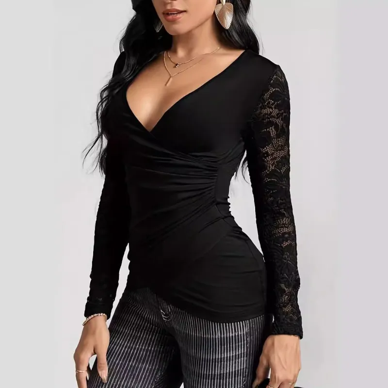 2025 spring solid color cross-stitching lace sleeves new long-sleeved T-shirt slim-fitting and thin top women made by Negative