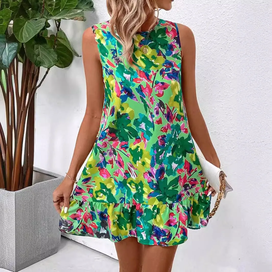 The Green Blossom | Women's Floral Print Sleeveless Ruffle A-Line Mini Dress sold by Negative product image thumbnail 3