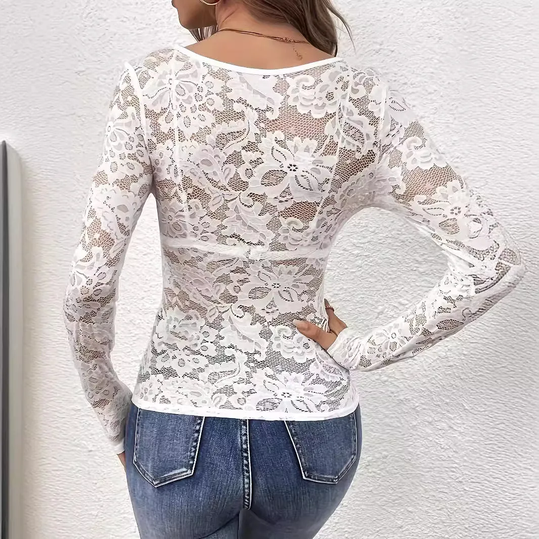 2025 new elegant V-neck fan-shaped collar edge single-layer lace long-sleeved T-shirt slim and thin women sold by Negative product image thumbnail 2