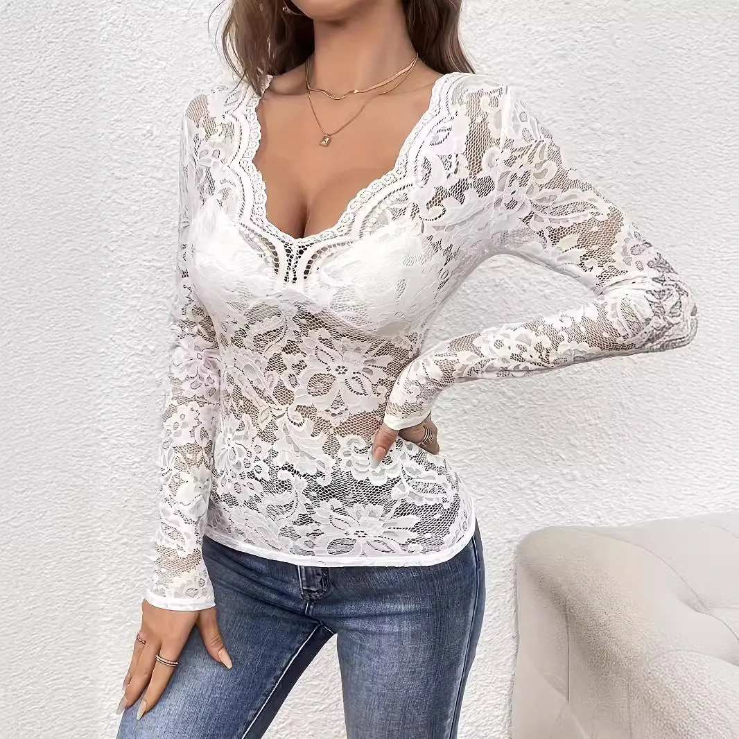 2025 new elegant V-neck fan-shaped collar edge single-layer lace long-sleeved T-shirt slim and thin women sold by Negative product image thumbnail 3