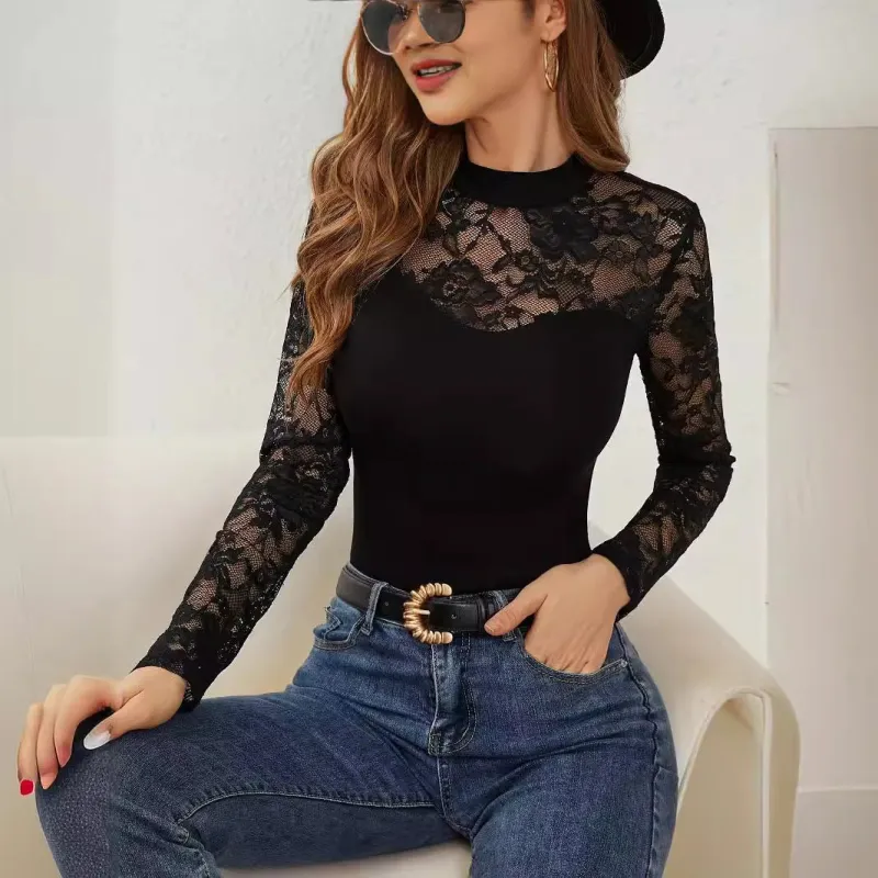 2025 spring new fashion lace splicing long-sleeved small stand-up collar pullover bottom T-shirt top women made by Negative