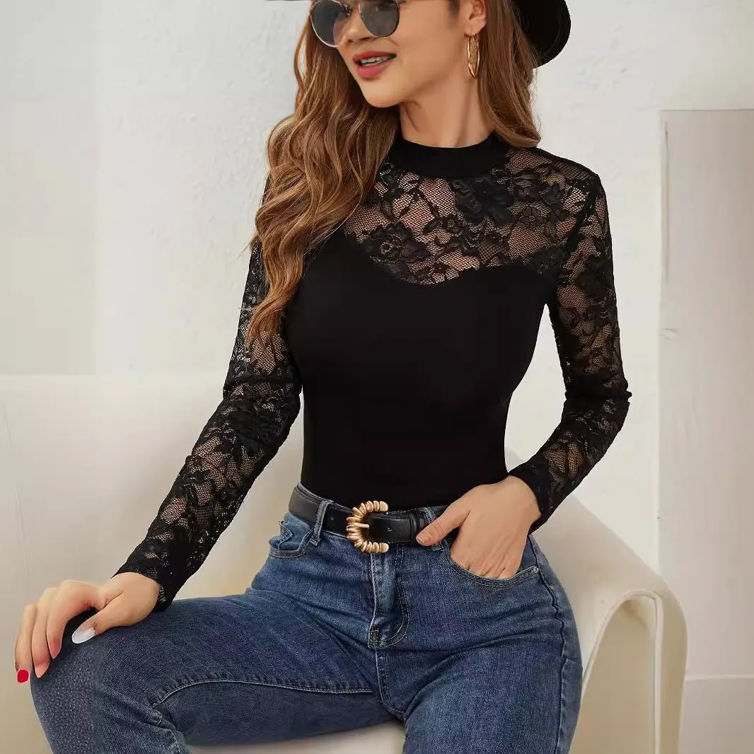 2025 spring new fashion lace splicing long-sleeved small stand-up collar pullover bottom T-shirt top women sold by Negative