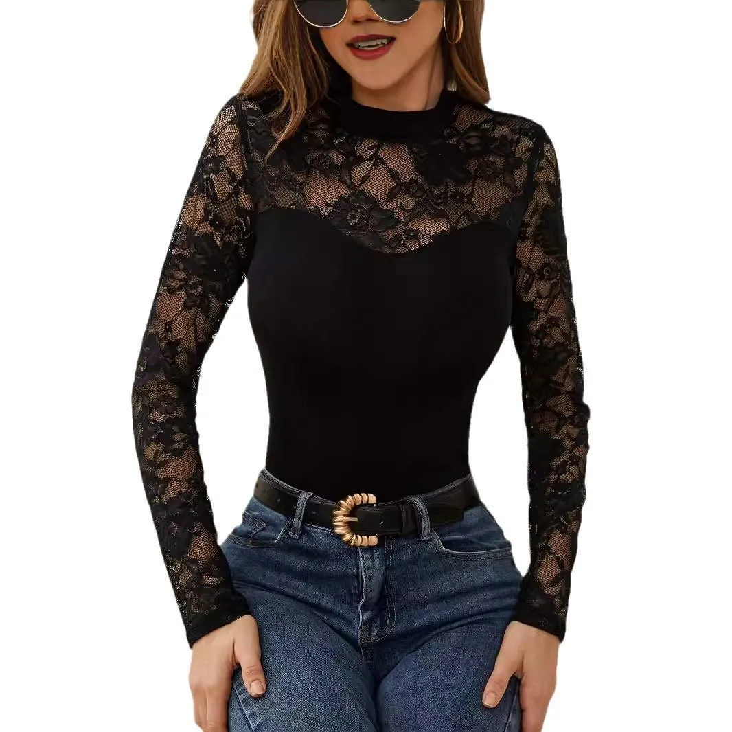 2025 spring new fashion lace splicing long-sleeved small stand-up collar pullover bottom T-shirt top women sold by Negative product image thumbnail 5