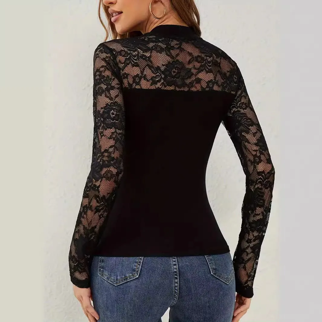 2025 spring new fashion lace splicing long-sleeved small stand-up collar pullover bottom T-shirt top women sold by Negative product image thumbnail 2