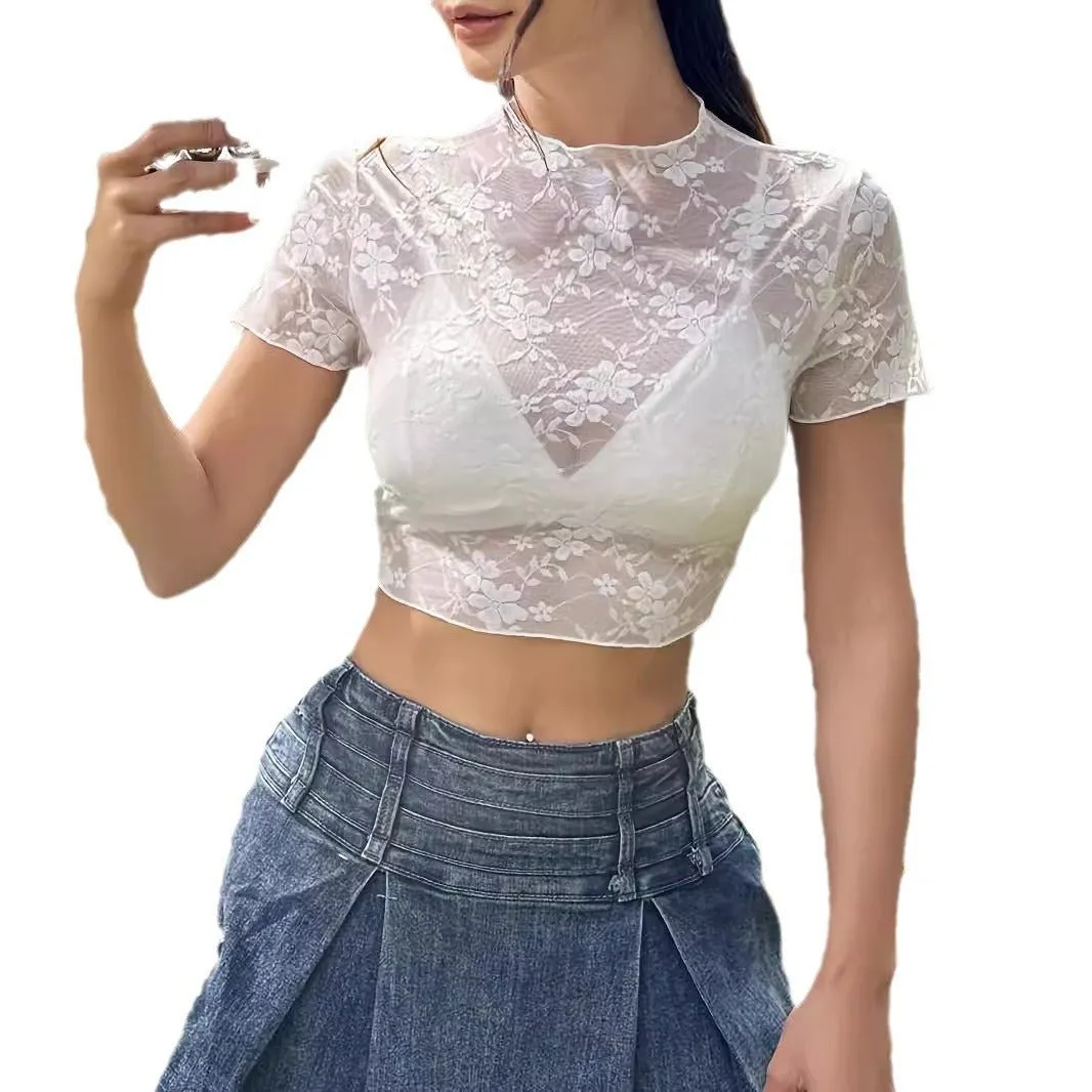Short-sleeved lace bank flower fungus edge short T-shirt thin top women's clothing sold by Negative product image thumbnail 5