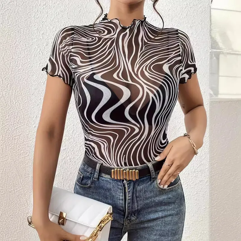 2025 new elegant mesh printing striped fungus edge short-sleeved T-shirt slim top women's clothing made by Negative